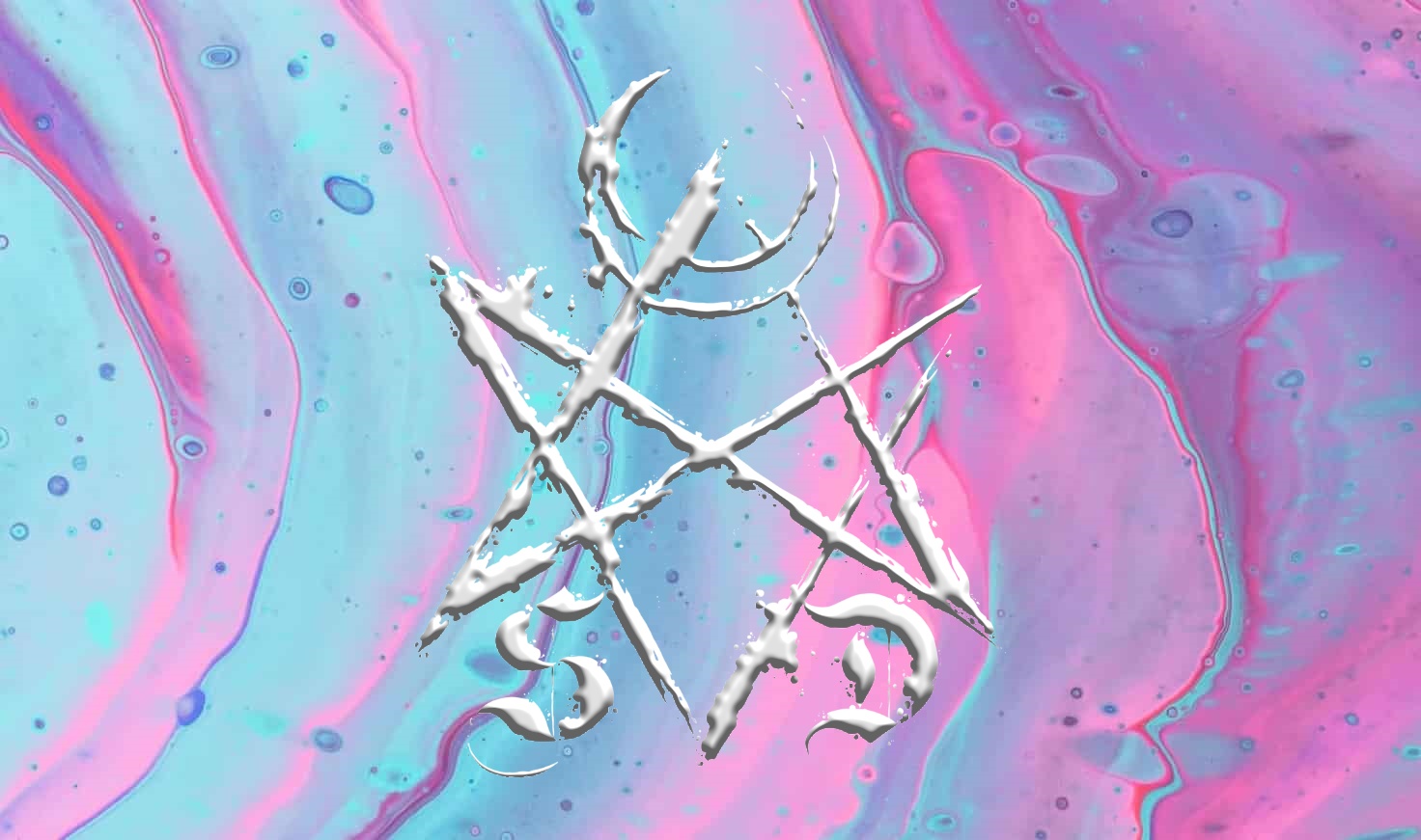 Iridescent ripples of a bright blue and pink liquid with Stan Dottori's logo